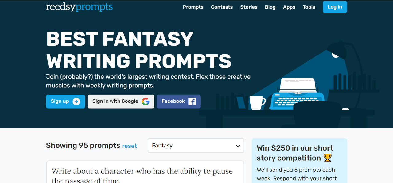 Interface of Reedsy - the professional platform for getting the best fantasy story prompts