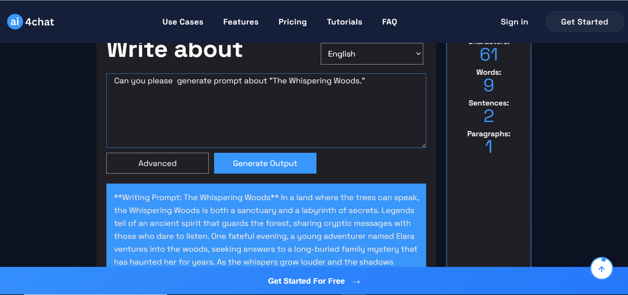 Interface of AI4Chat - an advanced fantasy prompt generator