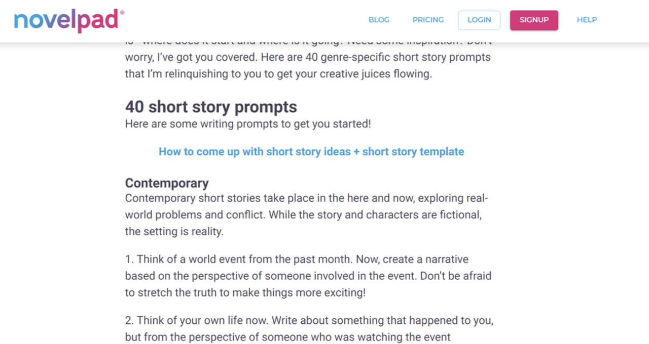 Interface of NovelPad -  a well-known website for getting fun fiction writing prompts