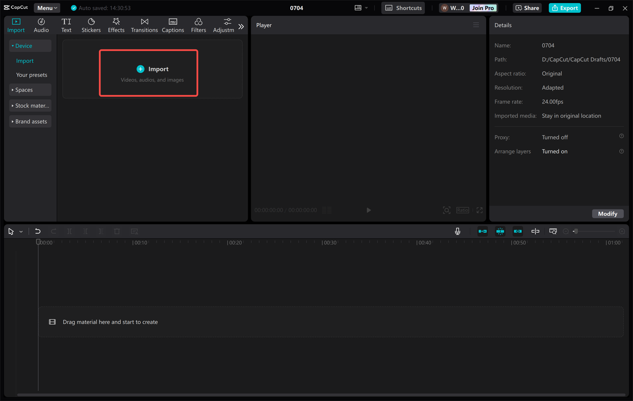 upload the video in the CapCut desktop video editor