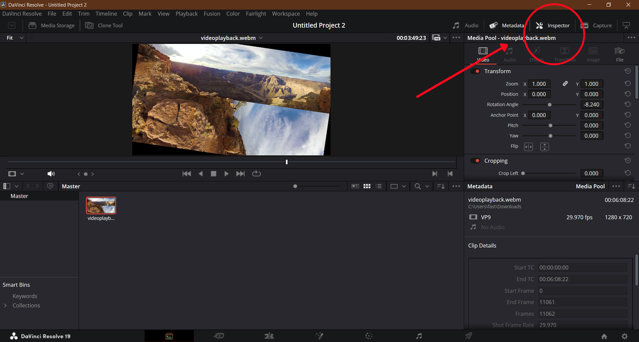 screenshot of DaVinci Resolve interface showing how to rotate video 90 degrees using the Inspector Panel