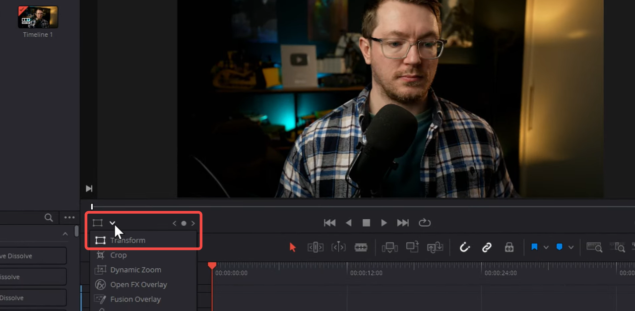 screenshot of DaVinci Resolve interface showing how to rotate video using the Transform Tool