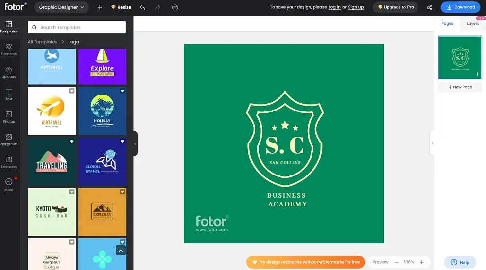 Fotor Photo Editor interface - a good tool for free logo creation and download