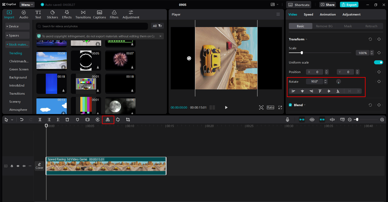 Showing interface of CapCut desktop video editor for flip, rotate, and mirror 