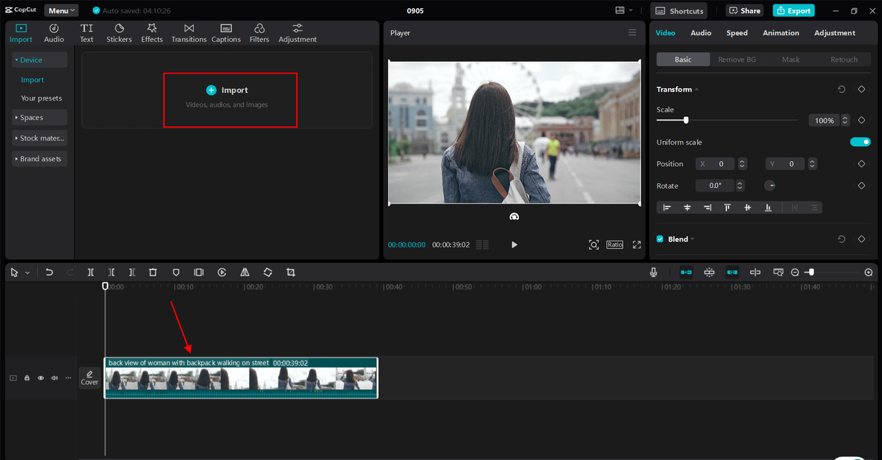 Importing the video into the CapCut desktop video editor