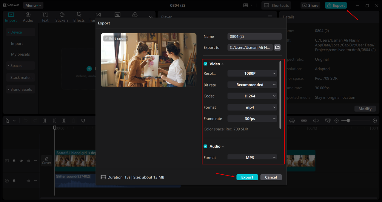 Exporting the generated video from the CapCut desktop video editor