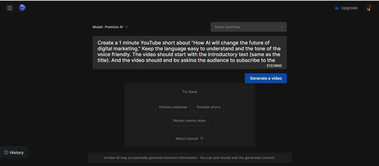 Interface of Invideo AI - an easy way to convert prompt to video 