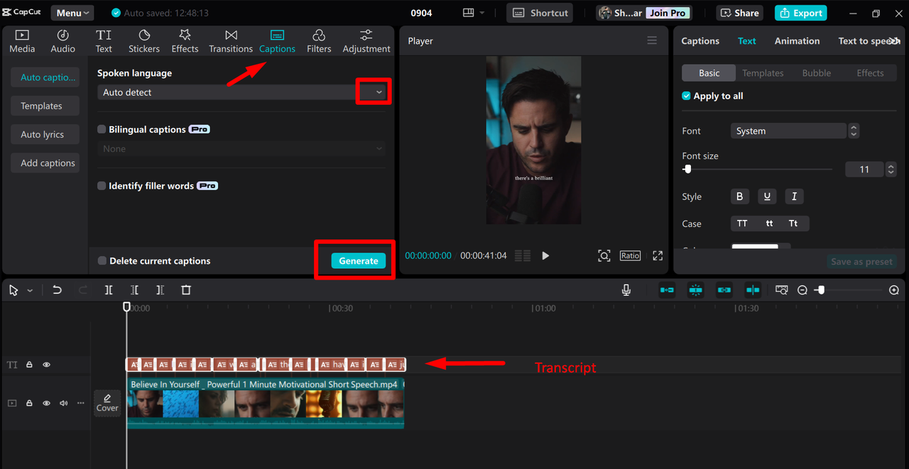 Showing how to get a script from YouTube downloaded video in the CapCut desktop video editor