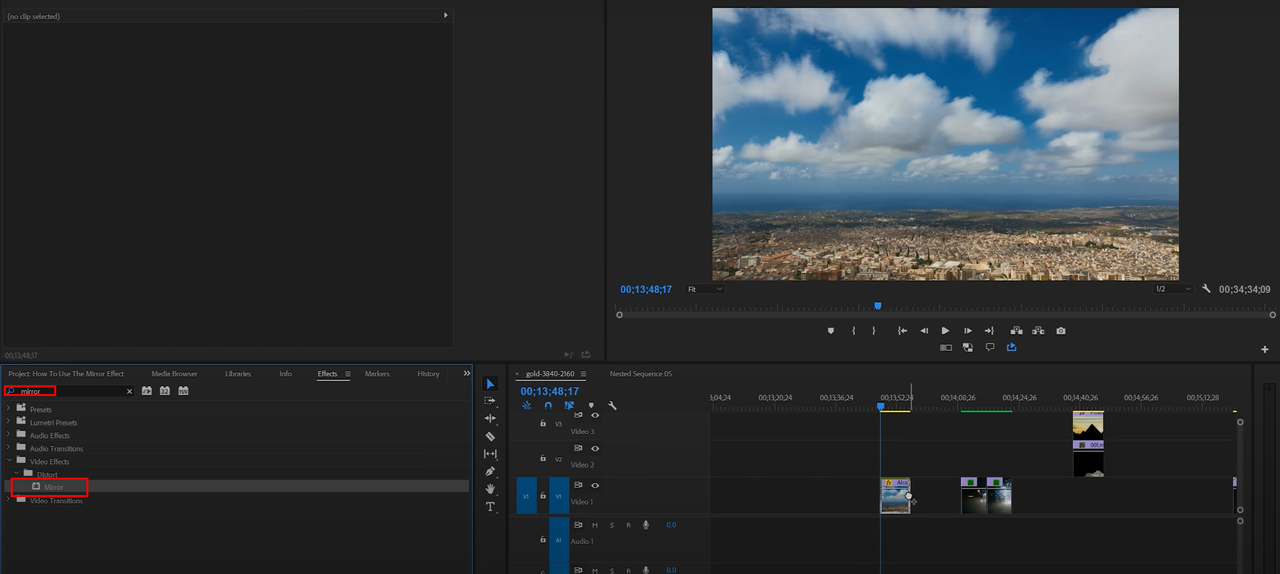 Choosing the mirror effect by clicking on distort in Premiere Pro