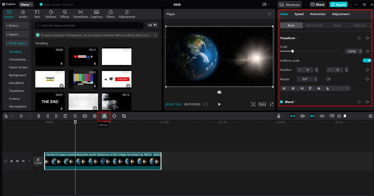 Applying the mirror effect to the video into the CapCut desktop video editor