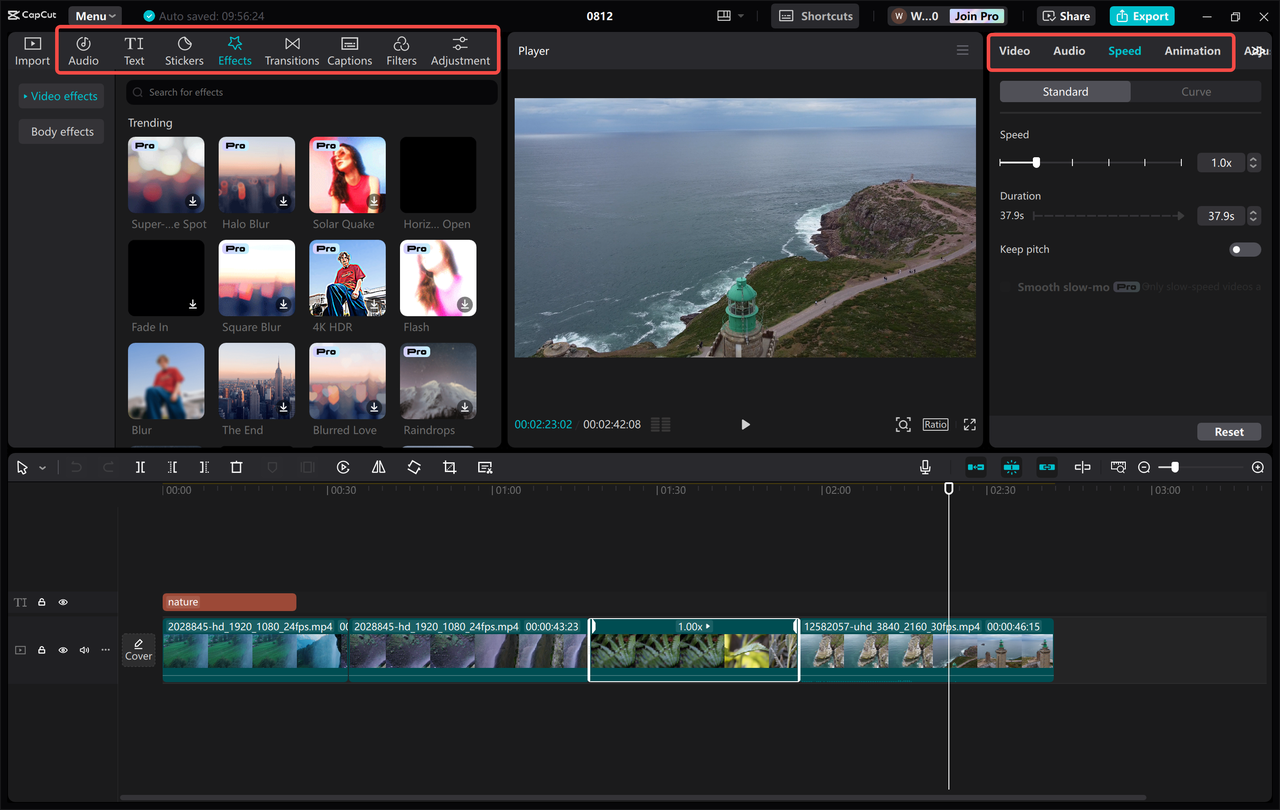 Editing the video using basic and advanced features of the CapCut montage video maker free