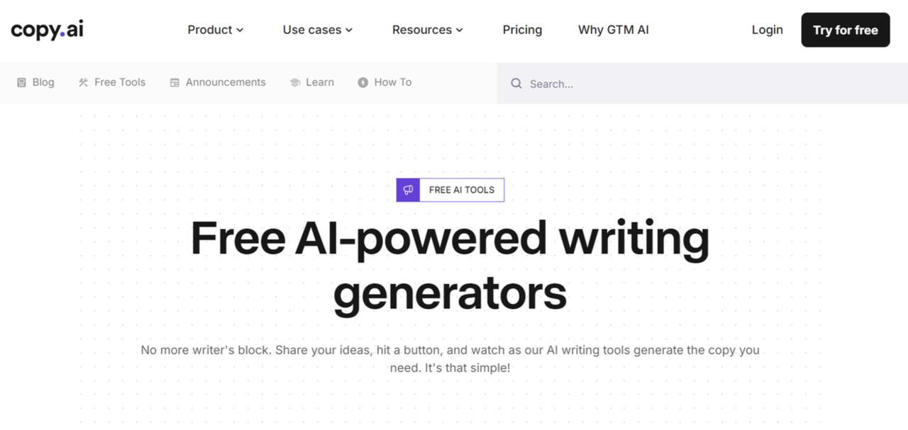 Interface of Copy.ai - a well-known AI writing generator for free