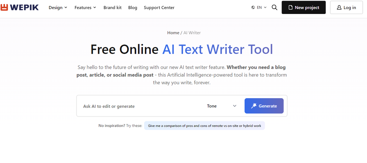 Editing interface of Wepik - a versatile free AI writing generator online