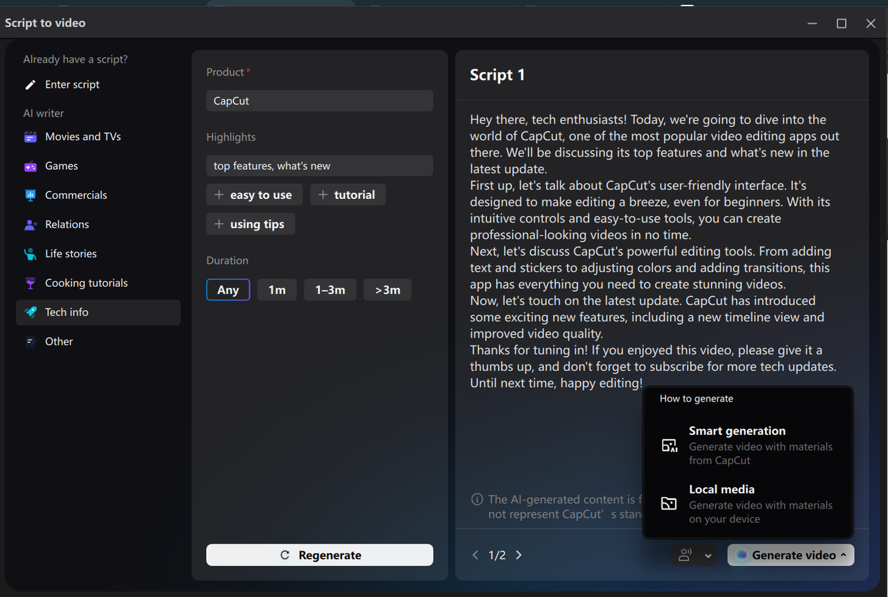 Generating script in the CapCut desktop video editor