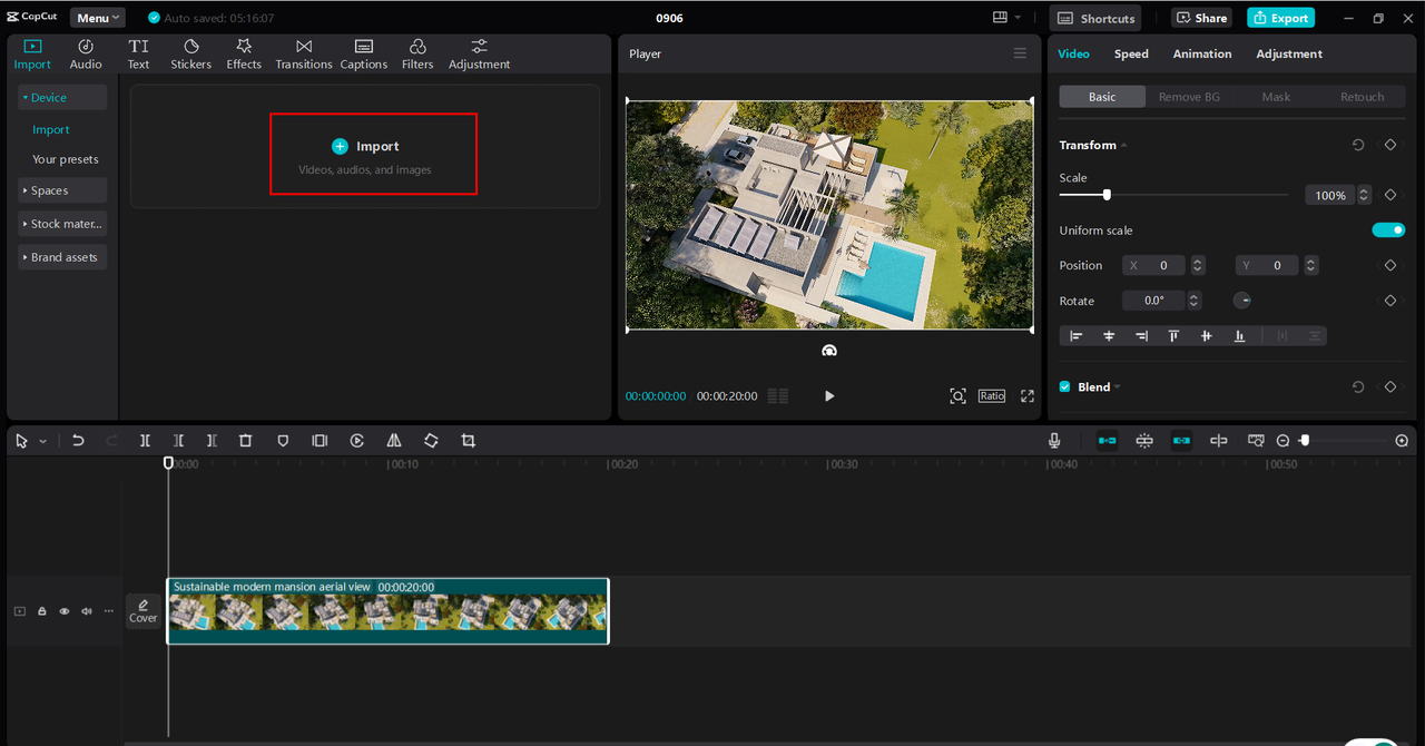 Importing the video into the CapCut desktop editor for rotating