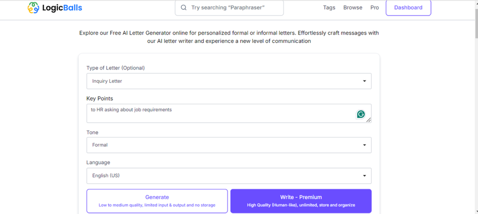 Interface of LogicBalls -  one of the best AI tools for letter writing 