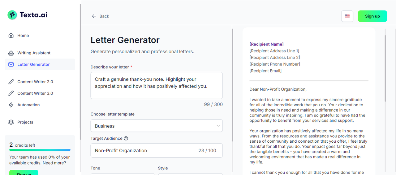 Interface of Texta.ai - the professional letter-writing AI tool for businesses