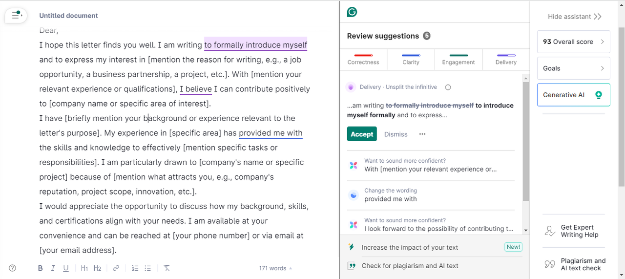 Interface of Grammarly - the best AI tool for letter writing