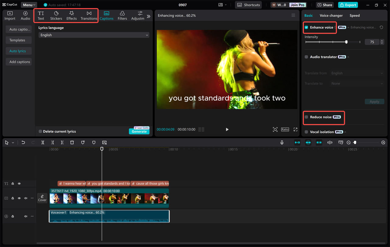 Edit the karaoke video on CapCut