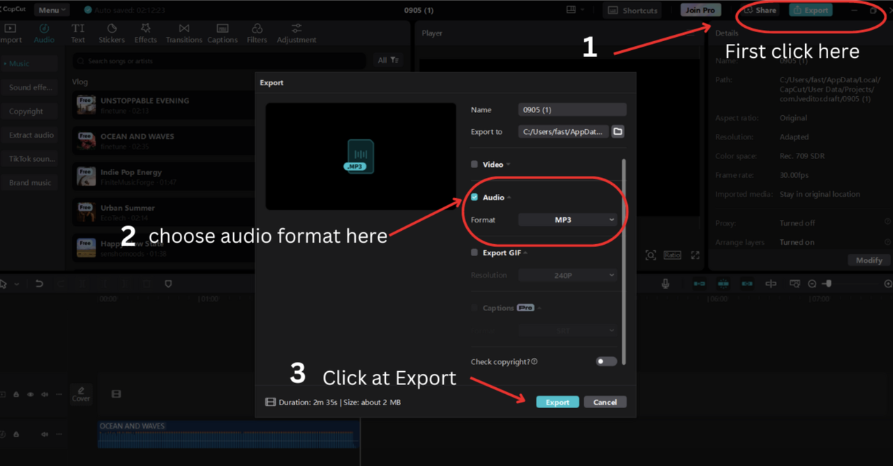 Interface of CapCut desktop video editor to export and save karaoke file