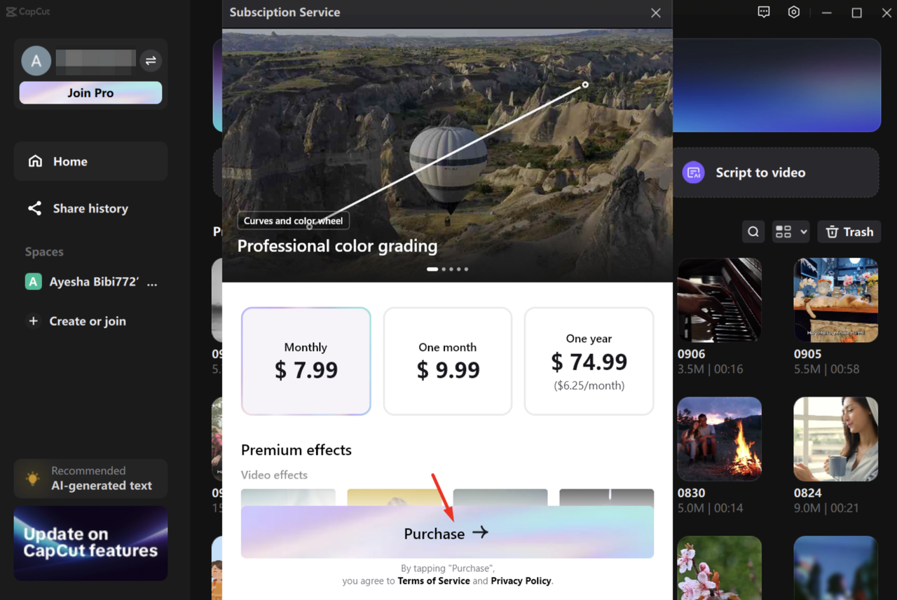 Selecting the purchase plan in the CapCut desktop video editor