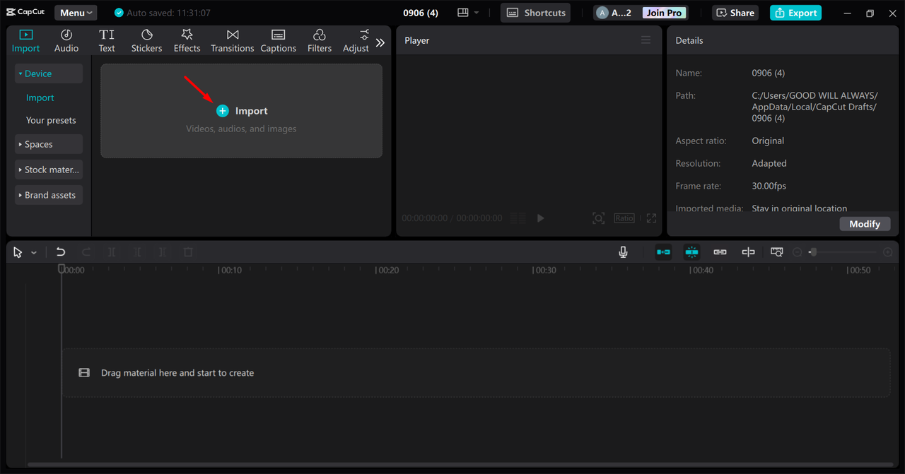 Importing media in the CapCut desktop video editor