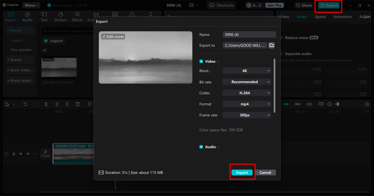 Exporting video from the CapCut desktop video editor