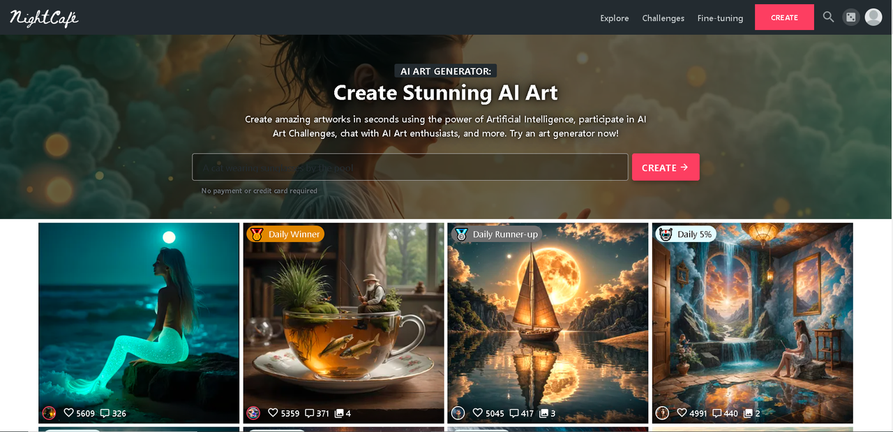 Interface of NightCafe Creator - free AI art generator