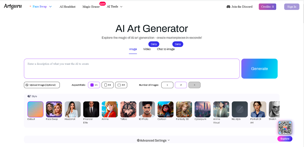 Interface of ArtGuru AI - free art AI generator