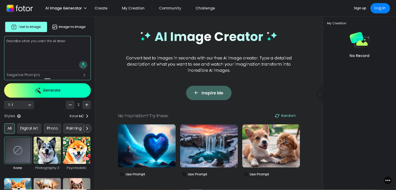 Interface of Fotor - free art AI generator