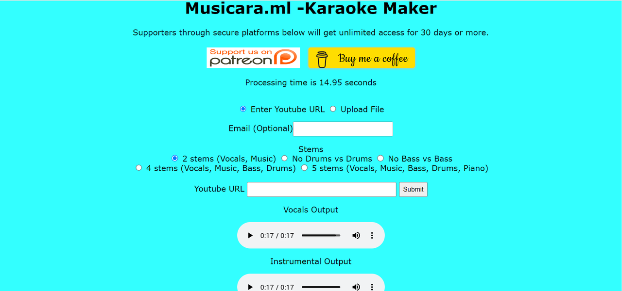 Interface of Musicara - a reliable online karaoke track maker