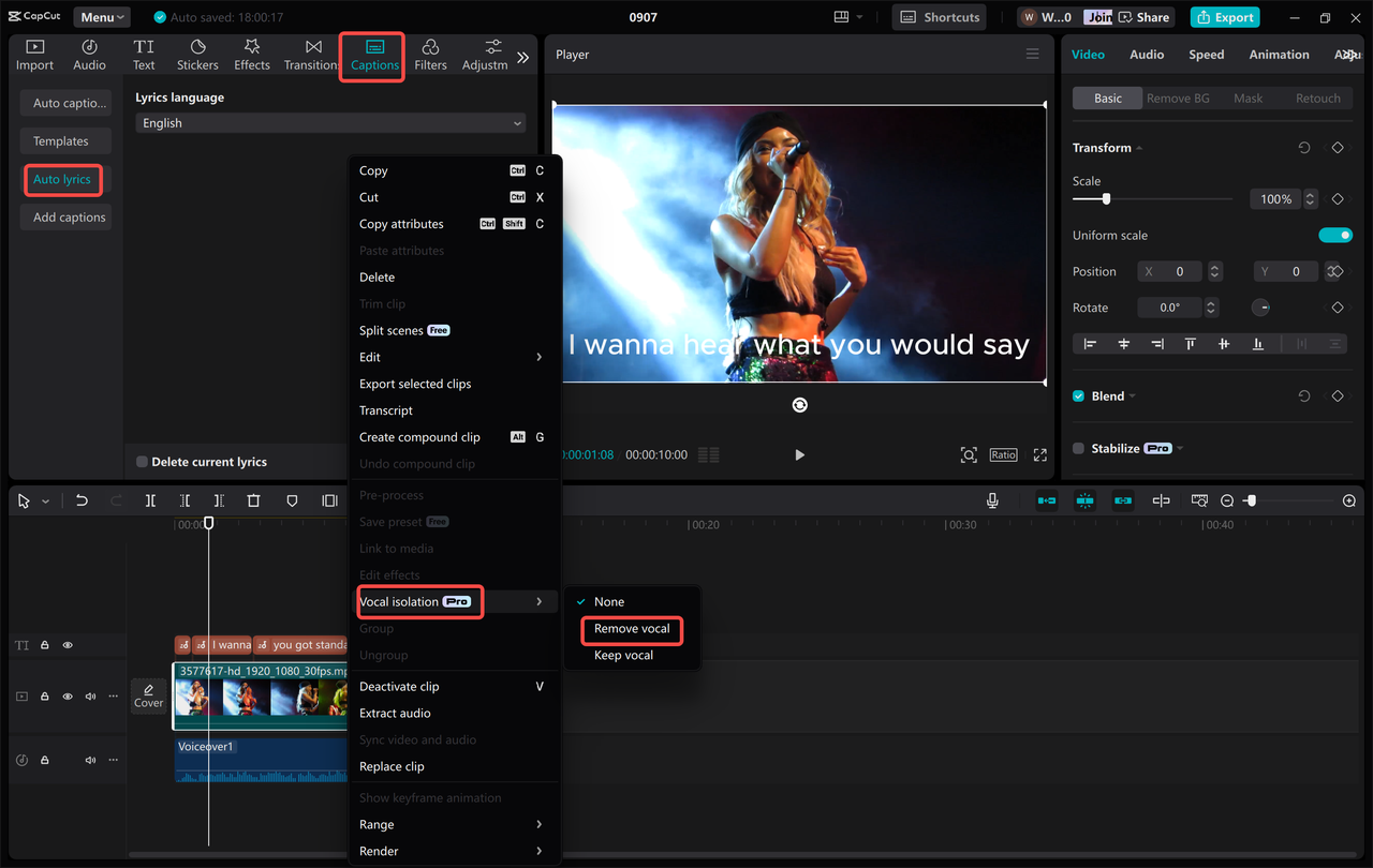 Removing vocals and adding lyrics to create karaoke in the CapCt desktop video editor