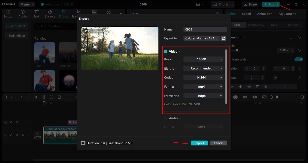 Exporting the edited Snapchat video from the CapCut desktop video editor