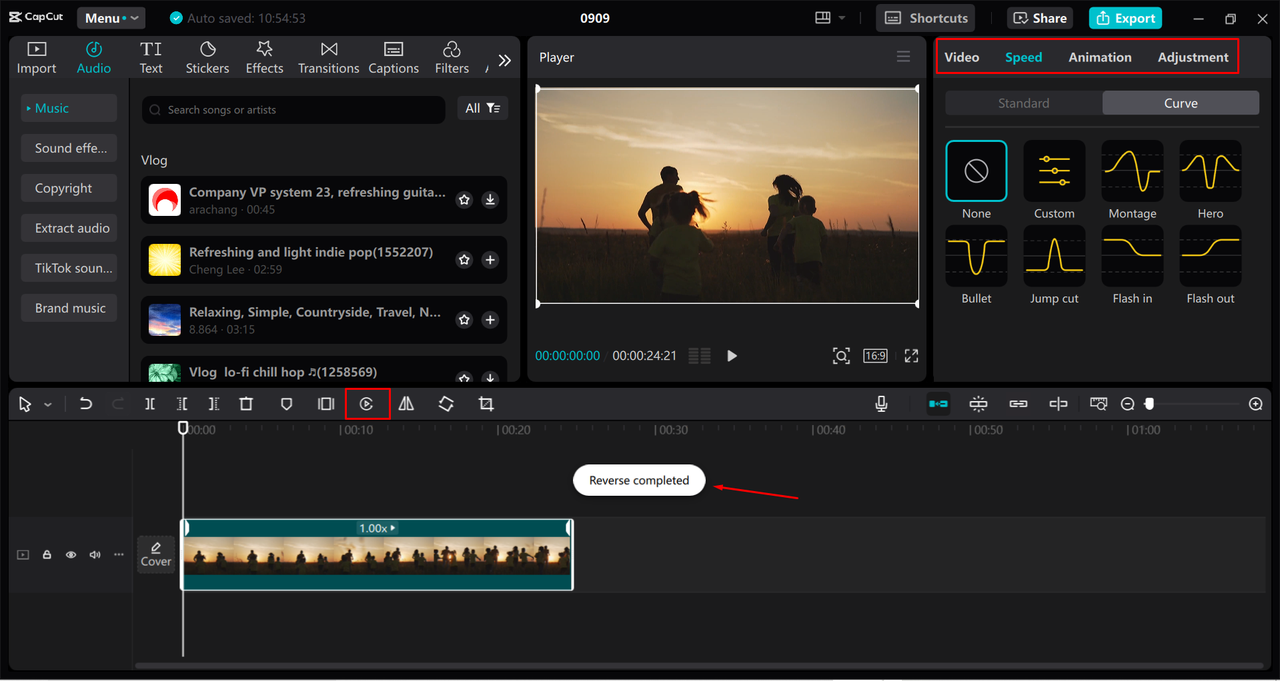 Showing how to reverse a video in CapCut desktop video editor