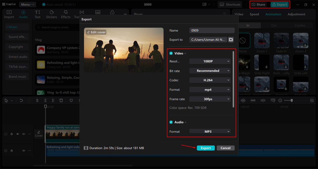 Exporting a video from the CapCut desktop video editor