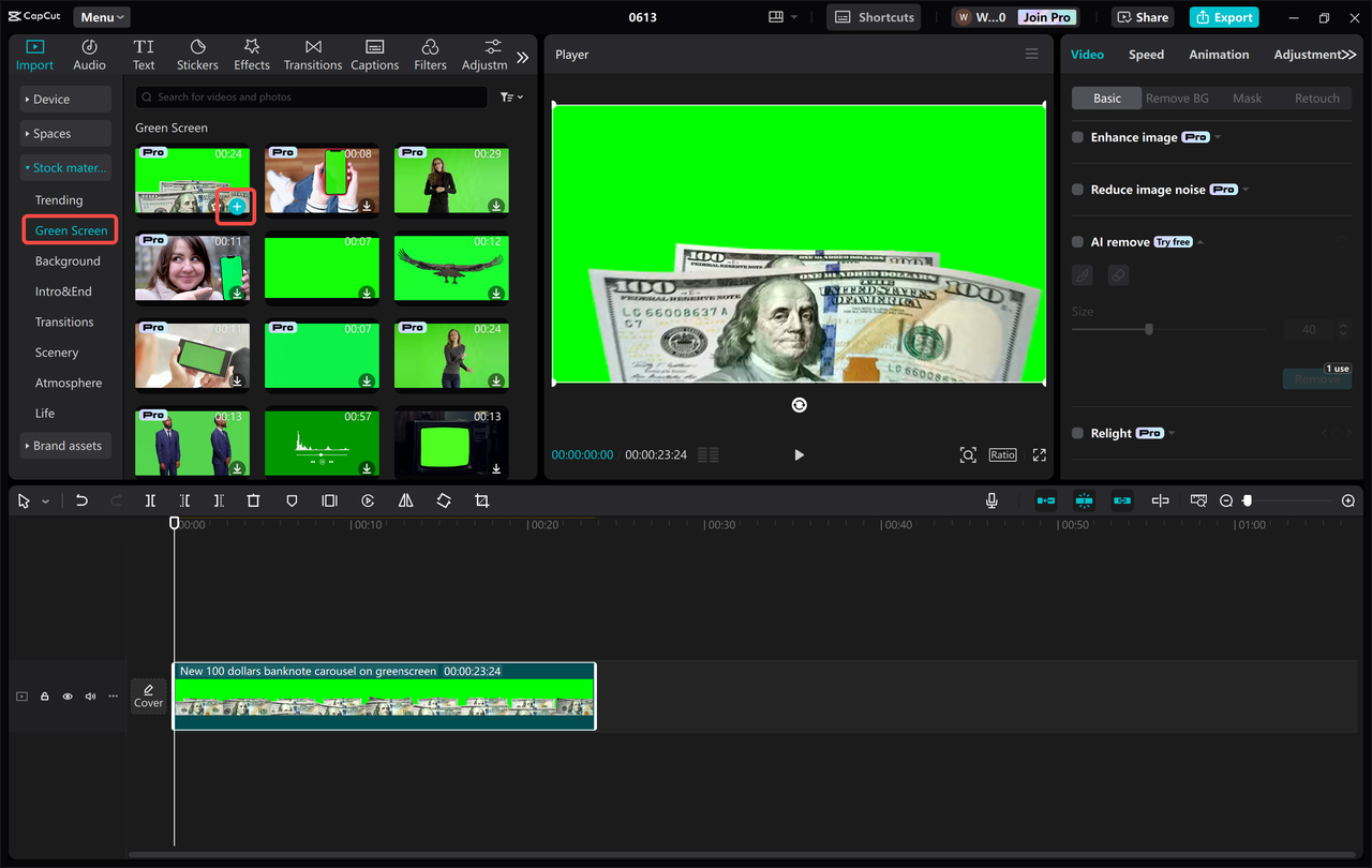 Importing a green screen video into the CapCut desktop video editor