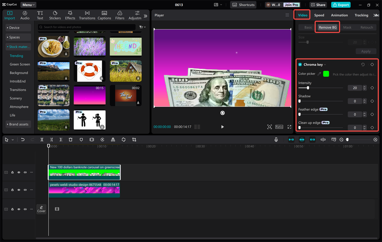 Enabling the chroma key to use a green screen in the CapCut desktop video editor