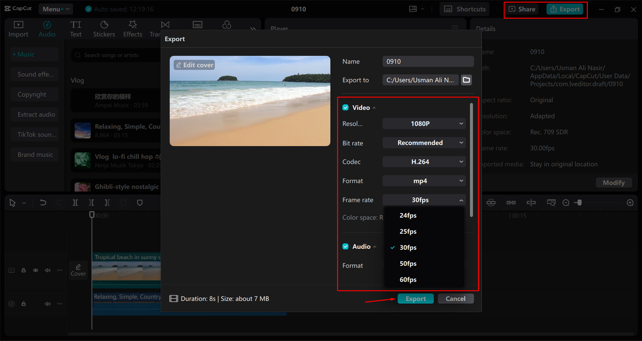 Exporting a video from the CapCut desktop video editor