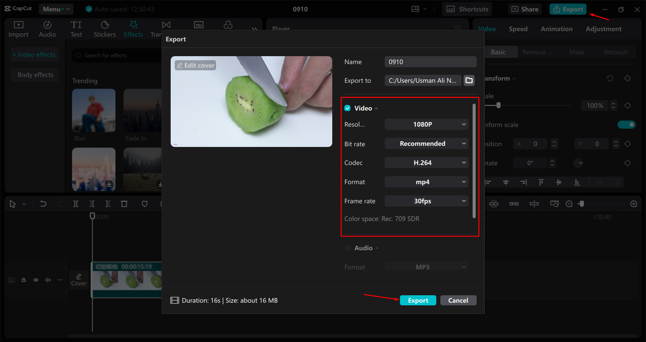 Exporting a video from the CapCut desktop video editor