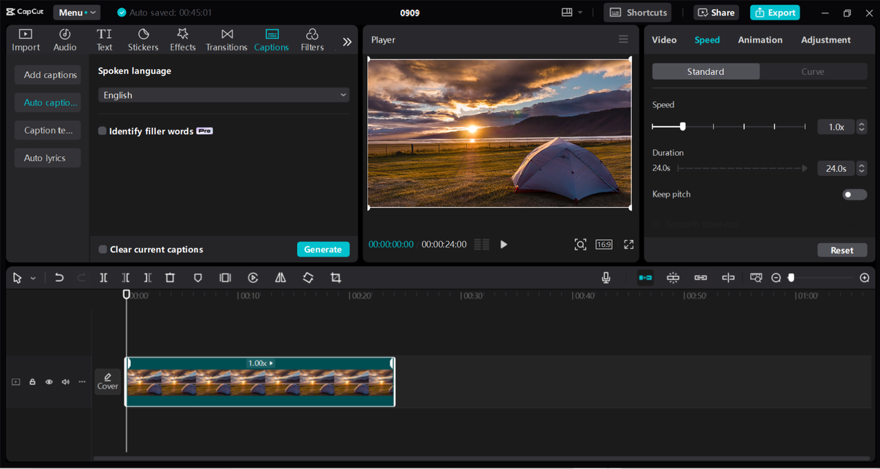 Interface of the CapCut desktop video editor - the best way to integrate cutting on action into videos 