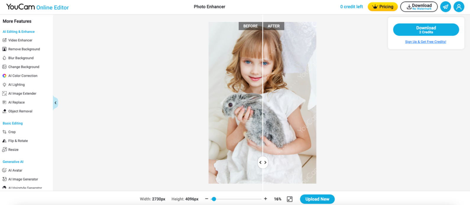 YouCam online photo enhancer page