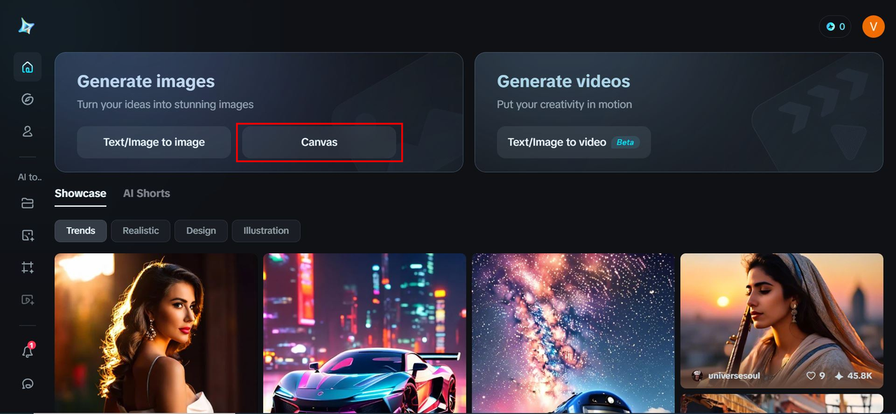 The "Canvas" button on Dreamina