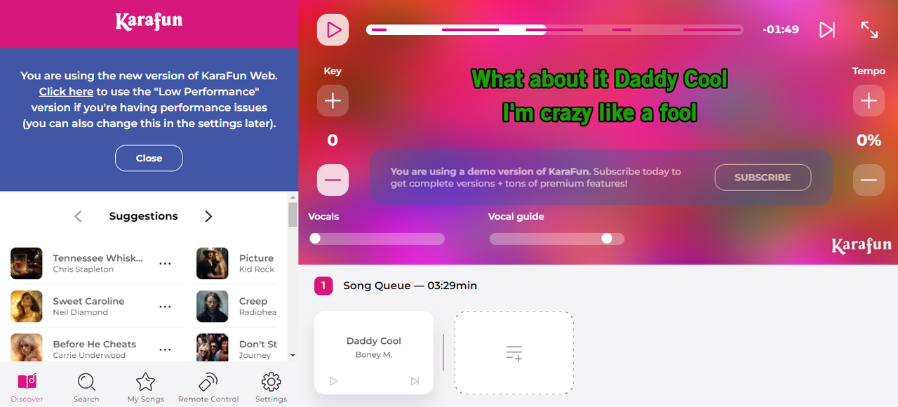 Interface of Karafun - the best free karaoke website