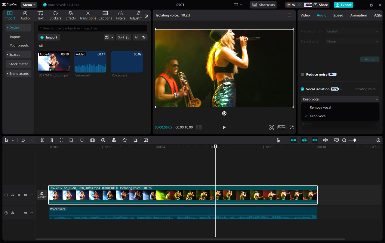 Interface of the CapCut desktop video editor - a perfect tool to make stunning Karaoke tracks on PC