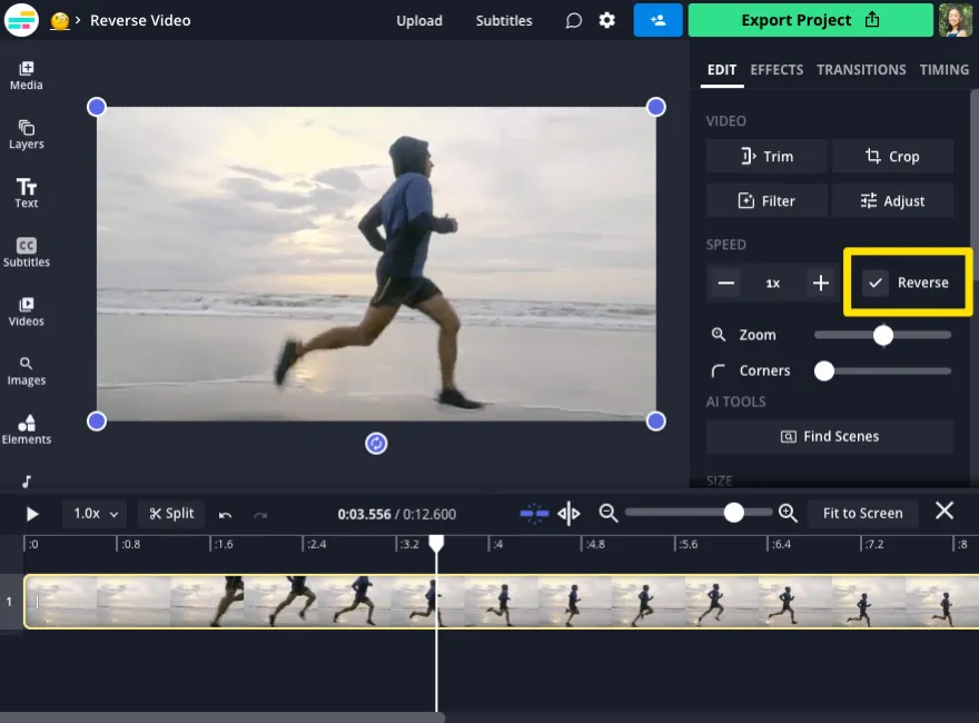 Interface of Kapwing - the best online backwards video maker