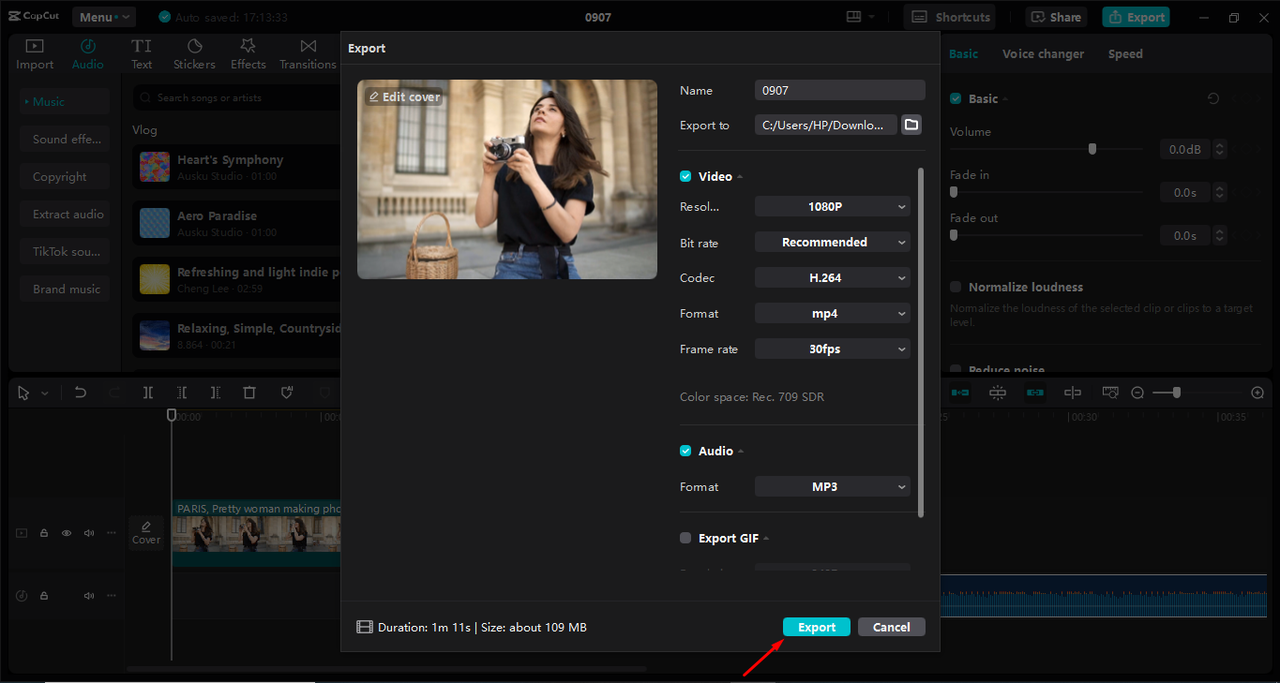 Exporting video after doing continuity editing in the CapCut desktop video editor