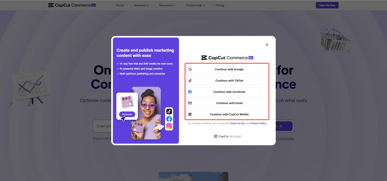 Sign up to CapCut Commerce Pro