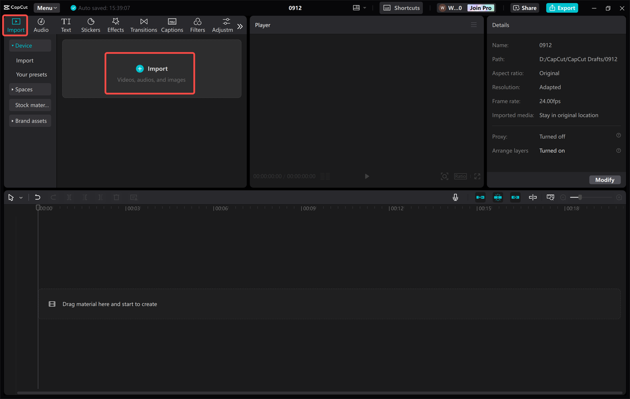 Importing a video file from a device to the CapCut desktop video editor