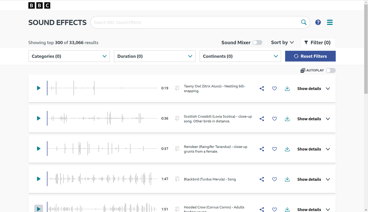 BBC Sound Effects library page showcasing high-quality mechanical sound effects