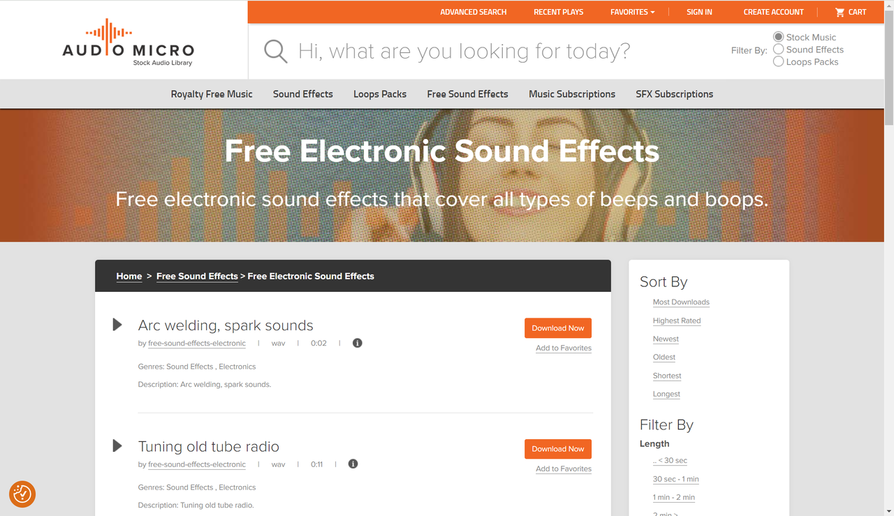 AudioMicro platform showcasing free and premium mechanical sound effects